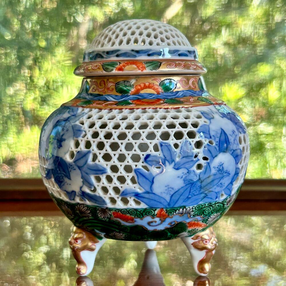 Vintage Japanese Hirado Pierced Porcelain Incense Burner with Lid – Hand-Painted